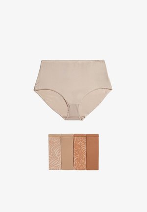 Culotte beige taille haute en tissu lisse, accompagnée de cinq bandes coordonnées dans des teintes variées et d'un motif zèbre sur l'une d'elles.