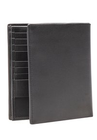 Black leather wallet with eight card slots, a textured finish, and a smooth exterior. Opened partially to display interior compartments.