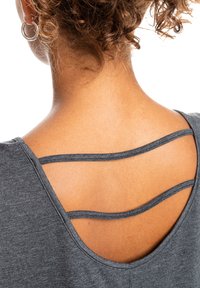 Gray tank top with a scoop back featuring two horizontal straps across the shoulders. Smooth texture with a casual design.