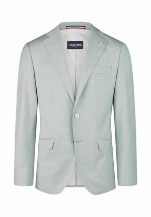 Lichtgroene blazer van textuurstof, met een dubbele knoopsluiting, opstaande revers en klepzakken. Innenvoering met merklogo.