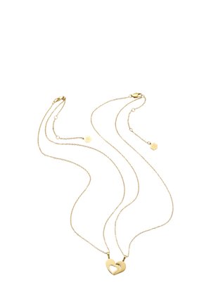 Two delicate gold chain necklaces with interlocking heart-shaped pendants on a white background.