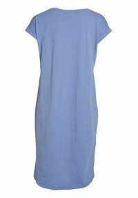 Robe bleu clair unie, longueur genou, avec manches courtes retroussées et encolure ronde, vue de dos.