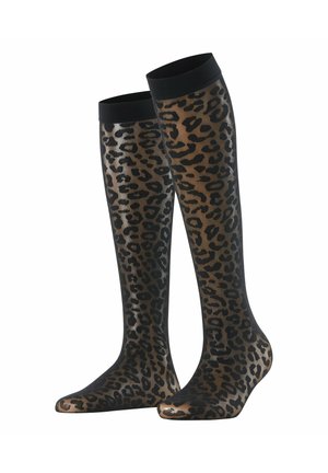 Calze a stampa leopardata marrone e nera fino al ginocchio, con bordi neri solidi, mostrate in posizione eretta su uno sfondo bianco.