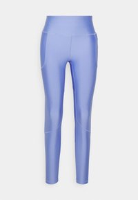 Blauwe sportlegging met hoge tailleband, gemaakt van soepel, rekbaar materiaal. Heeft zijzakken en naaddetails langs de benen.