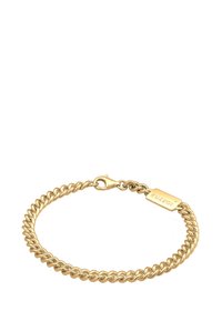 Gold chain bracelet featuring interlocking links, a lobster clasp, and a KUZZOI tag. The surface is shiny with a smooth texture.