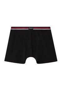 Svarta boxerkalsonger i mjukt tyg, med en kontrasterande midja med röd och vit rand och en märkesetikett framtill.