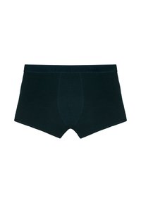 Boxer shorts de hombre de color verde oscuro con cintura elástica, costuras planas y panel frontal contorneado sobre un fondo blanco liso.