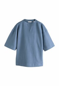 Blauwe katoenen T-shirt met een ronde hals, raglanmouwen en korte mouwen. Heeft een subtiele textuur en een V-stiksel detail aan de voorkant.