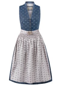 Traditional dress with a blue bodice featuring floral patterns, silver buttons, and a pleated, light-colored skirt with floral prints. Silver belt buckle.