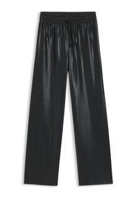 Black pleated trousers made of glossy material; features an elastic waistband with a drawstring for adjustability and comfort.