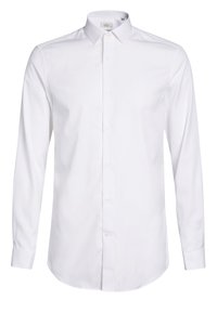 Camicia bianca a maniche lunghe realizzata in tessuto morbido, con colletto a punta, chiusura con bottoni e polsini regolabili. Vestibilità classica con orlo arrotondato.