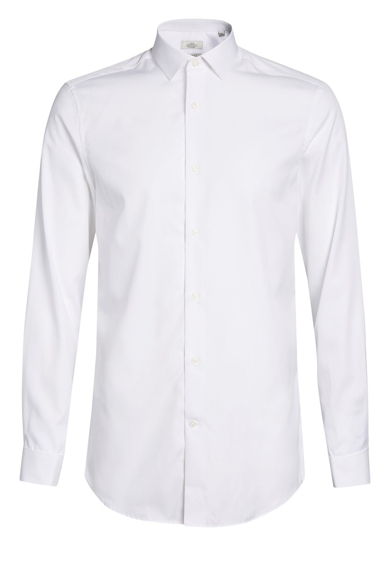 Camicia bianca a maniche lunghe realizzata in tessuto morbido, con colletto a punta, chiusura con bottoni e polsini regolabili. Vestibilità classica con orlo arrotondato.