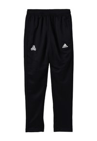 Schwarze Sporthose aus einem glatten, synthetischen Material. Verfügt über einen elastischen Bund, zwei seitliche Taschen und weiße Logo-Akzente.