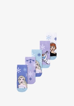 Five pairs of socks featuring illustrations from "Frozen." Colors include purple and white with snowflake patterns and character designs.