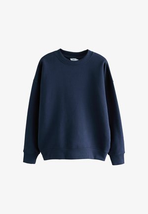 Marineblå sweatshirt med rund halsudskæring, sænkede skuldre og ribbede manchetter. Blød tekstur, enkelt design og ingen synlige mønstre.