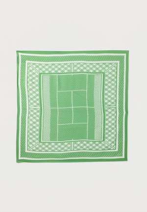 Green and white patterned square scarf with geometric shapes and grid-like designs, laid flat on a white background.