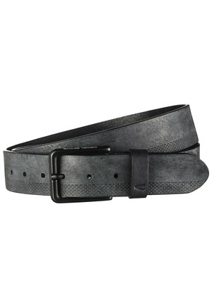 Ceinture en cuir noir avec une finition lisse, présentant un bord inférieur texturé, une boucle en métal et plusieurs trous d'ajustement.
