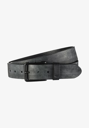 Ceinture en cuir noir avec une finition lisse, présentant un bord inférieur texturé, une boucle en métal et plusieurs trous d'ajustement.