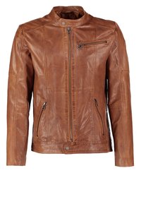 Brun læderjakke med stående krave, lynlås foran, sidelommer og en brystlomme. Teksturen er glat med synlige syningsdetaljer.