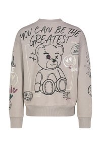 Light gray sweatshirt with bear graphic on back, text, and various doodles. Features ribbed cuffs and hem, with a relaxed fit design.