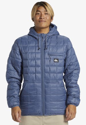 Blue quilted jacket with a hood, front zip, chest pocket, and two side pockets. Made of lightweight, shiny material with elastic cuffs.