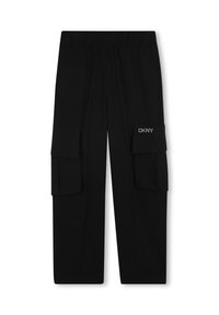 Zwarte cargo broek met elastische tailleband, twee grote zijzakken en geborduurd "DKNY" logo op de bovenkant van de linkerzak.