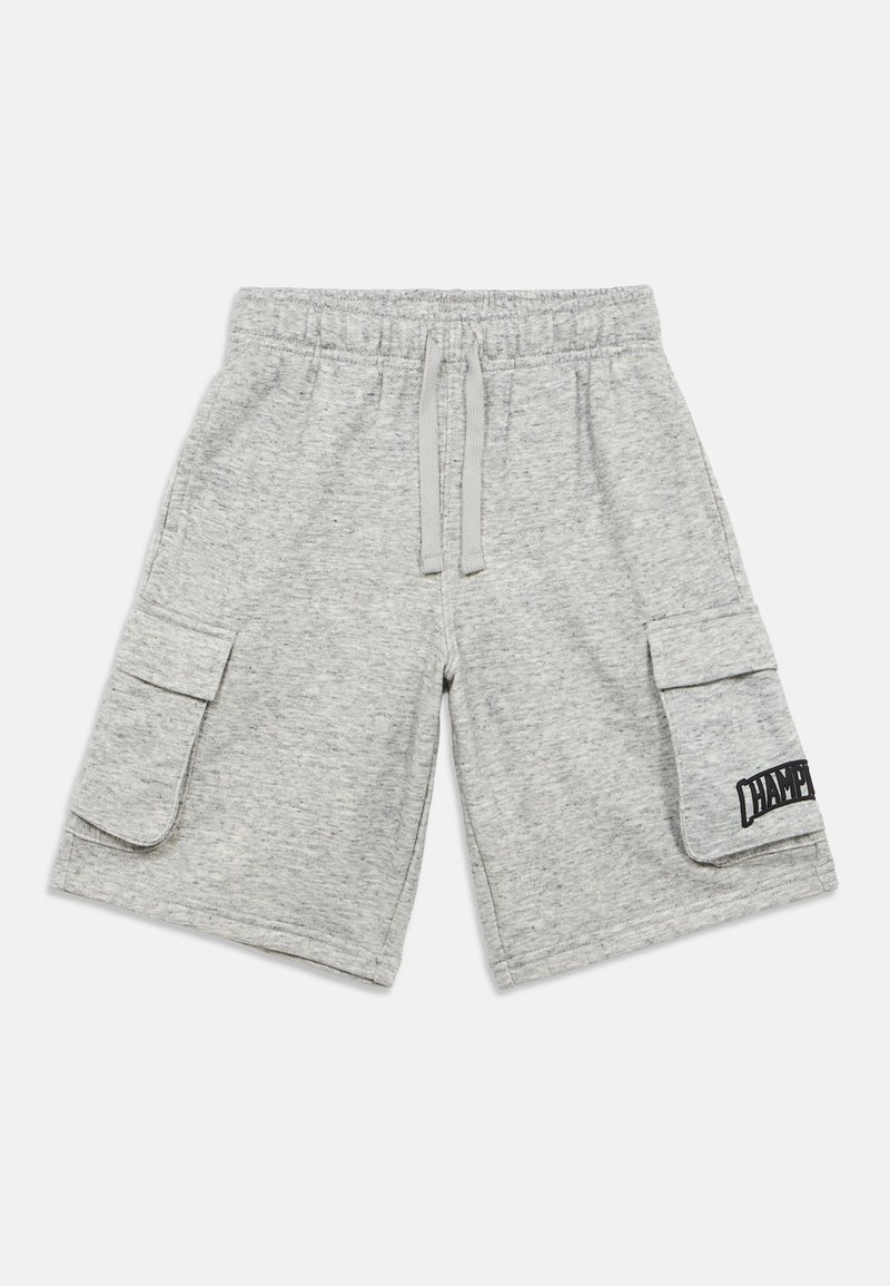 Shorts cargo gris mélangé en tissu doux, avec deux poches latérales et un logo brodé sur la poche gauche. Taille élastique avec cordon de serrage.
