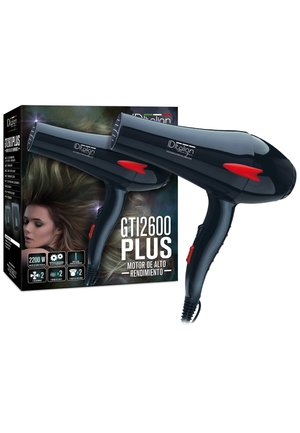 Secador de pelo italiano GTI2600 Plus negro con detalles en rojo, mostrado junto a su caja negra que presenta a una mujer con el pelo suelto.