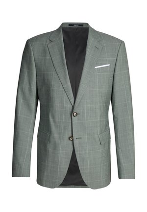 Blazer pour homme à carreaux verts avec revers à encoche, deux boutons, poches à rabat et doublure intérieure noire.