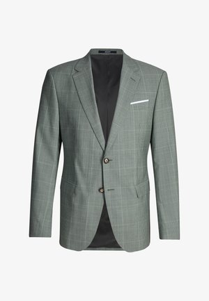 Groen geruit herenblazer met inkepingen revers, twee knopen, klepzakken en een zwarte voering.