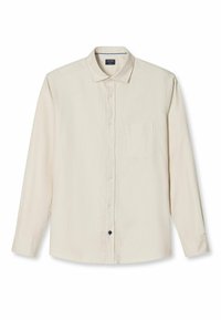 Light beige long-sleeve shirt made of soft fabric, featuring a button-up front, pointed collar, single chest pocket, and rounded hemline.