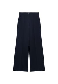 Pantalons larges bleu marine en tissu lisse avec une fermeture à boutons, deux poches avant et des plis marqués pour plus de structure.
