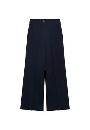 Marinefarbene, weit geschnittene Hose aus glattem Stoff mit Knopfverschluss, zwei Fronttaschen und scharfen Falten für zusätzliche Struktur.