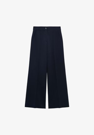 Marinefarbene, weit geschnittene Hose aus glattem Stoff mit Knopfverschluss, zwei Fronttaschen und scharfen Falten für zusätzliche Struktur.