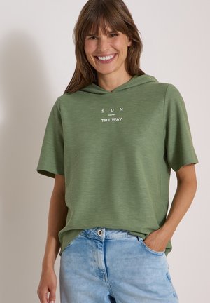 Cecil, KURZARM SHIRT MIT KAPUZE UND WORDING - T-shirt imprimé - deep matcha green