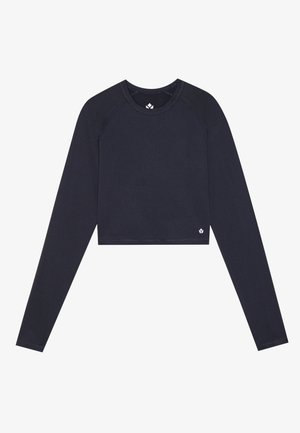 Long-sleeve cropped top in navy blue, made from a smooth, stretchy material. Features a round neckline and reinforced seams for durability.