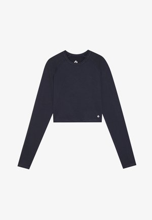 Tamsiai mėlynos spalvos ilgo rankovių trumpas liemenukas, pagamintas iš lygaus, tampraus audinio. Atsižvelgia į apvalų iškirpimą ir sustiprintas siūles ilgaamžiškumui.