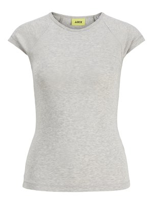 Lys grå kortermet tettsittende T-skjorte med rund hals og en liten gul etikett inne i kragen med påskriften "JJXX".