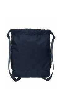 Zaino blu navy con cordino, realizzato in tessuto resistente, dotato di due spallacci regolabili, tasche laterali in rete e fondo rinforzato.