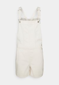Bílé džínové šortky s overall střihem, nastavovacími popruhy, kovovými prvky a detaily s bočními knoflíky. Mají rovný střih a minimalistický design.