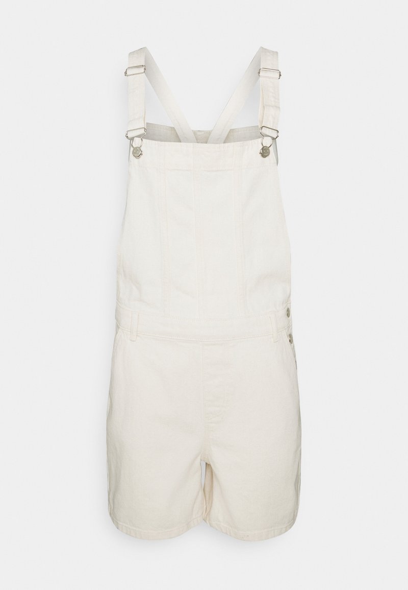 Bílé džínové šortky s overall střihem, nastavovacími popruhy, kovovými prvky a detaily s bočními knoflíky. Mají rovný střih a minimalistický design.