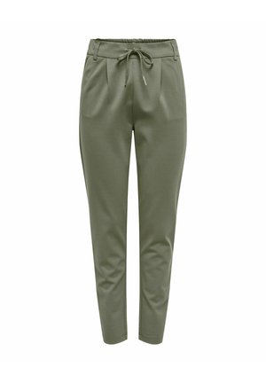 Pantalon fuselé vert olive avec taille élastique, cordon de serrage devant, plis, passants de ceinture et ourlets à la cheville.