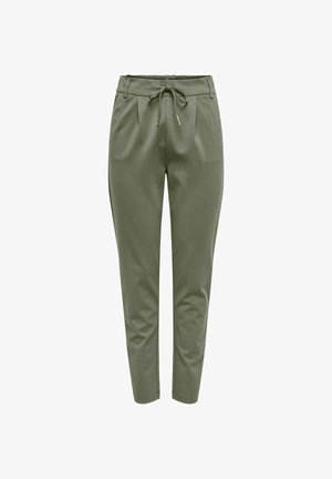 Pantalon fuselé vert olive avec taille élastique, cordon de serrage devant, plis, passants de ceinture et ourlets à la cheville.