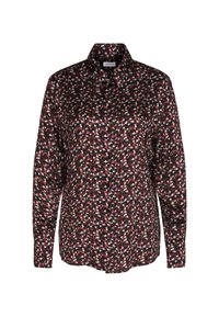 Camicia a maniche lunghe con bottone su uno sfondo scuro, decorata con un motivo a pois multicolori, dotata di colletto e chiusura frontale con bottoni.