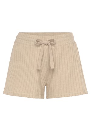 Shorts beige à côtes fabriqués en tissu doux avec une taille élastique et un cordon de serrage. Ils présentent un ourlet festonné et un côtelage texturé sur l'ensemble.