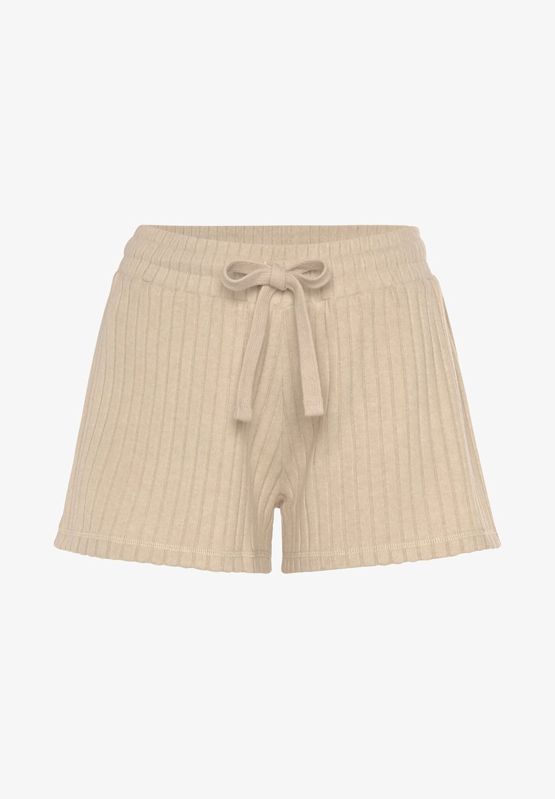 Bež kratke hlače rebraste teksture, izrađene od mekanog materijala s elastičnim pojasom i trakama za podešavanje. Imaju valoviti rub i teksturiranu rebrastu površinu.