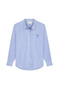 Light blue and white pinstripe long-sleeve shirt with front buttons, pointed collar, chest pocket, and small blue wine glass embroidery on pocket.