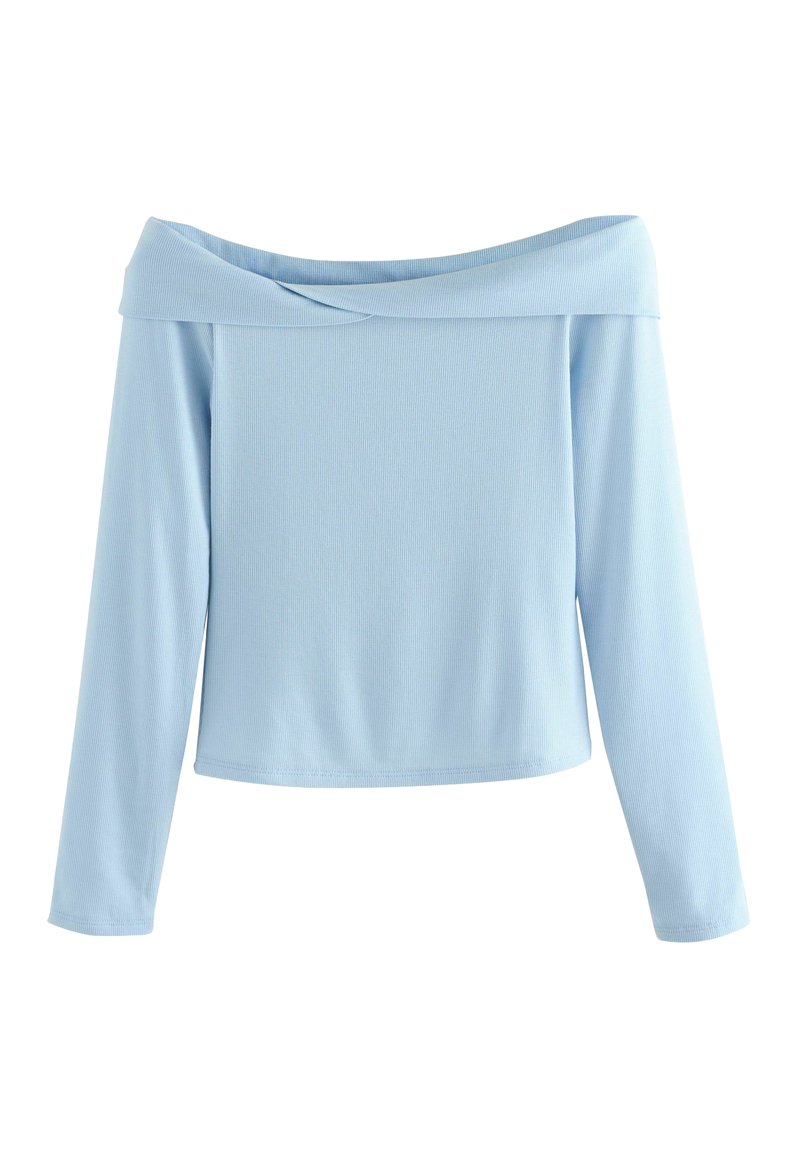 Lysblå off-the-shoulder top med lange ærmer, lavet af ribbad. Enkel design med en afslappet pasform og glat tekstur.