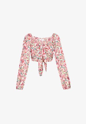 Floral crop top in pink with long puff sleeves. Features a smocked bodice and a front tie detail. Fabric has a soft, lightweight texture.