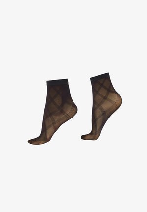 Chaussettes de cheville noires transparentes avec un motif à carreaux, dotées d'un poignet noir uni et d'une texture lisse et translucide.